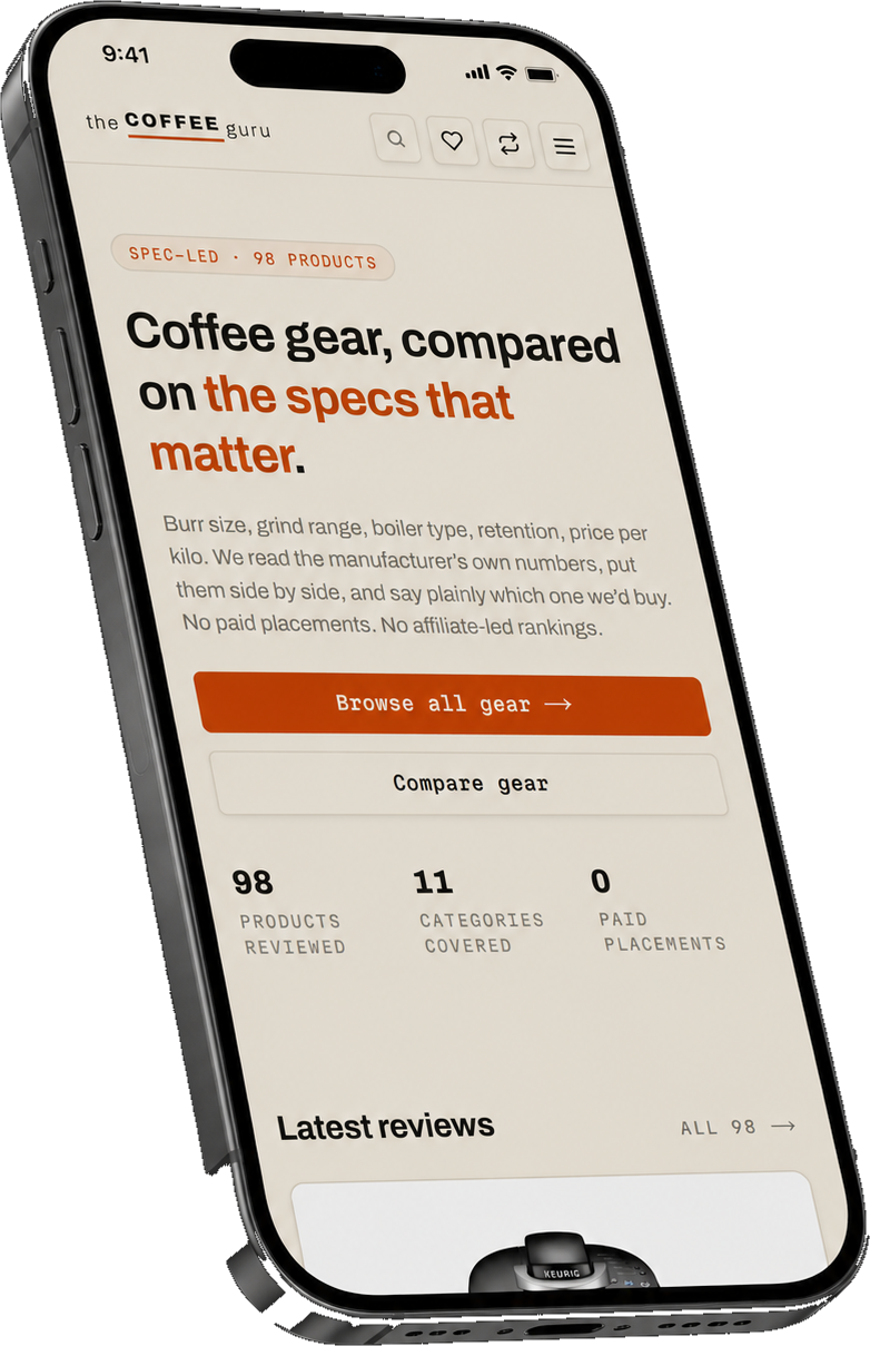 The Coffee Guru on a phone, light theme