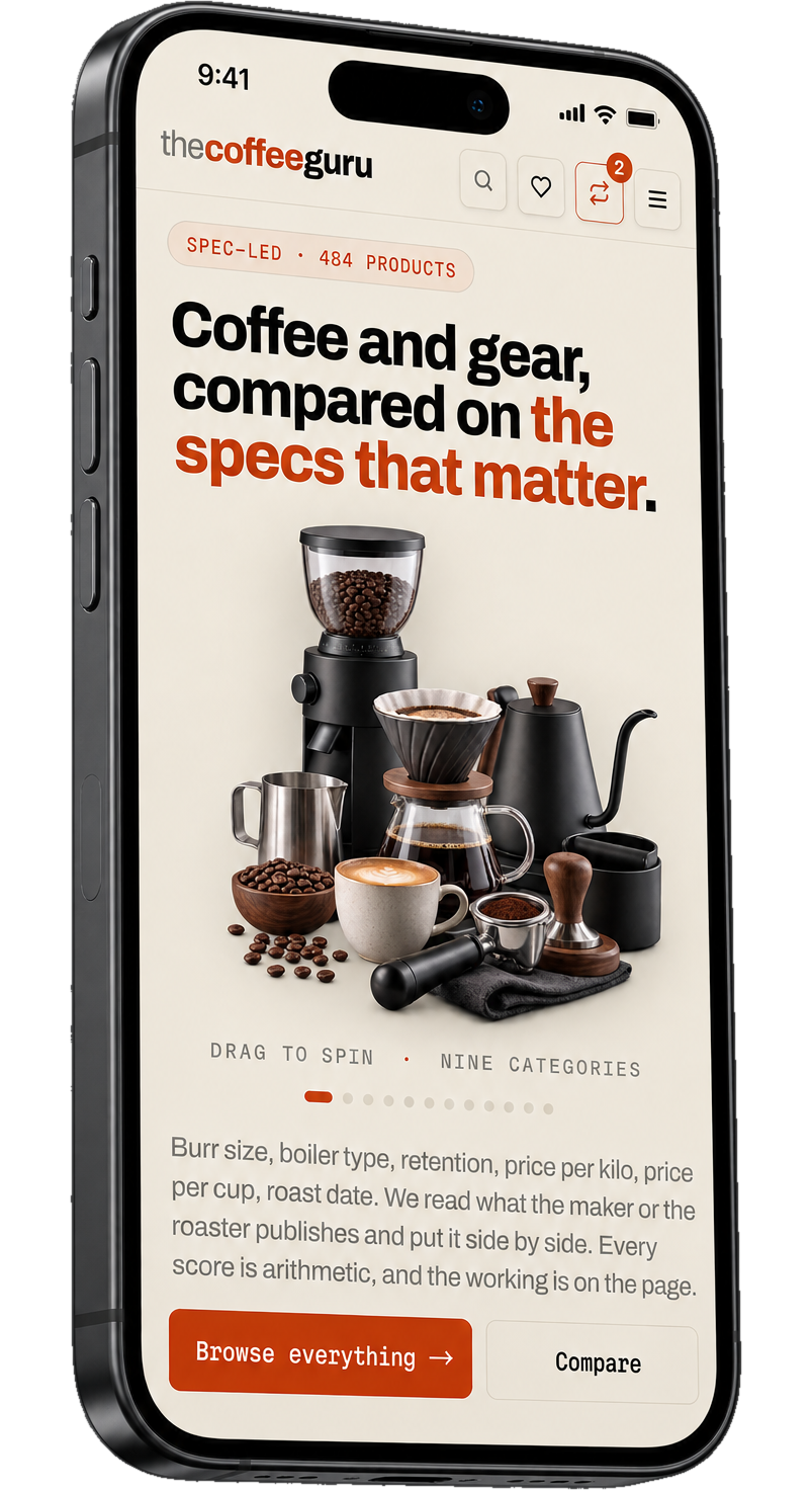 The Coffee Guru on a phone, light theme