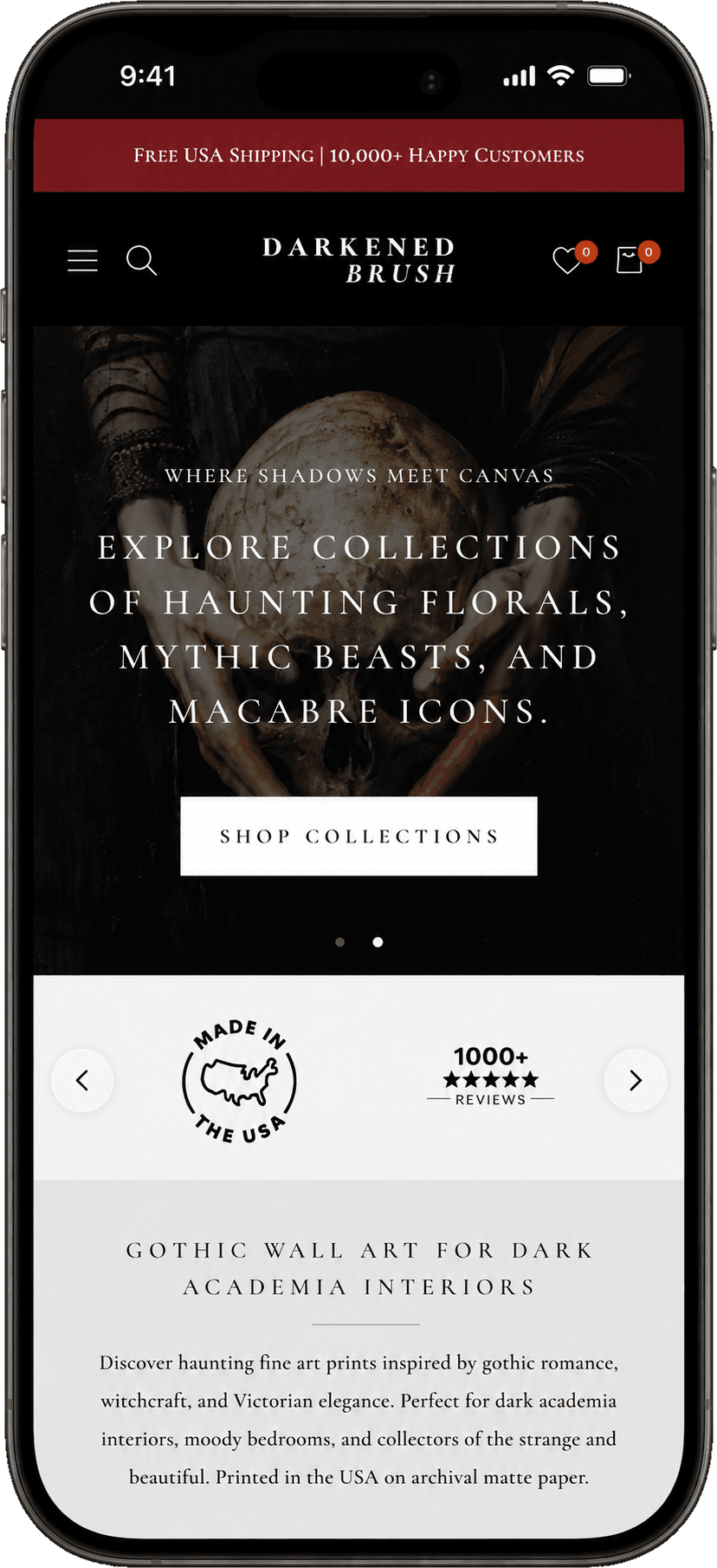 The DarkenedBrush storefront on a phone, showing the dark hero, the trust row and the category copy