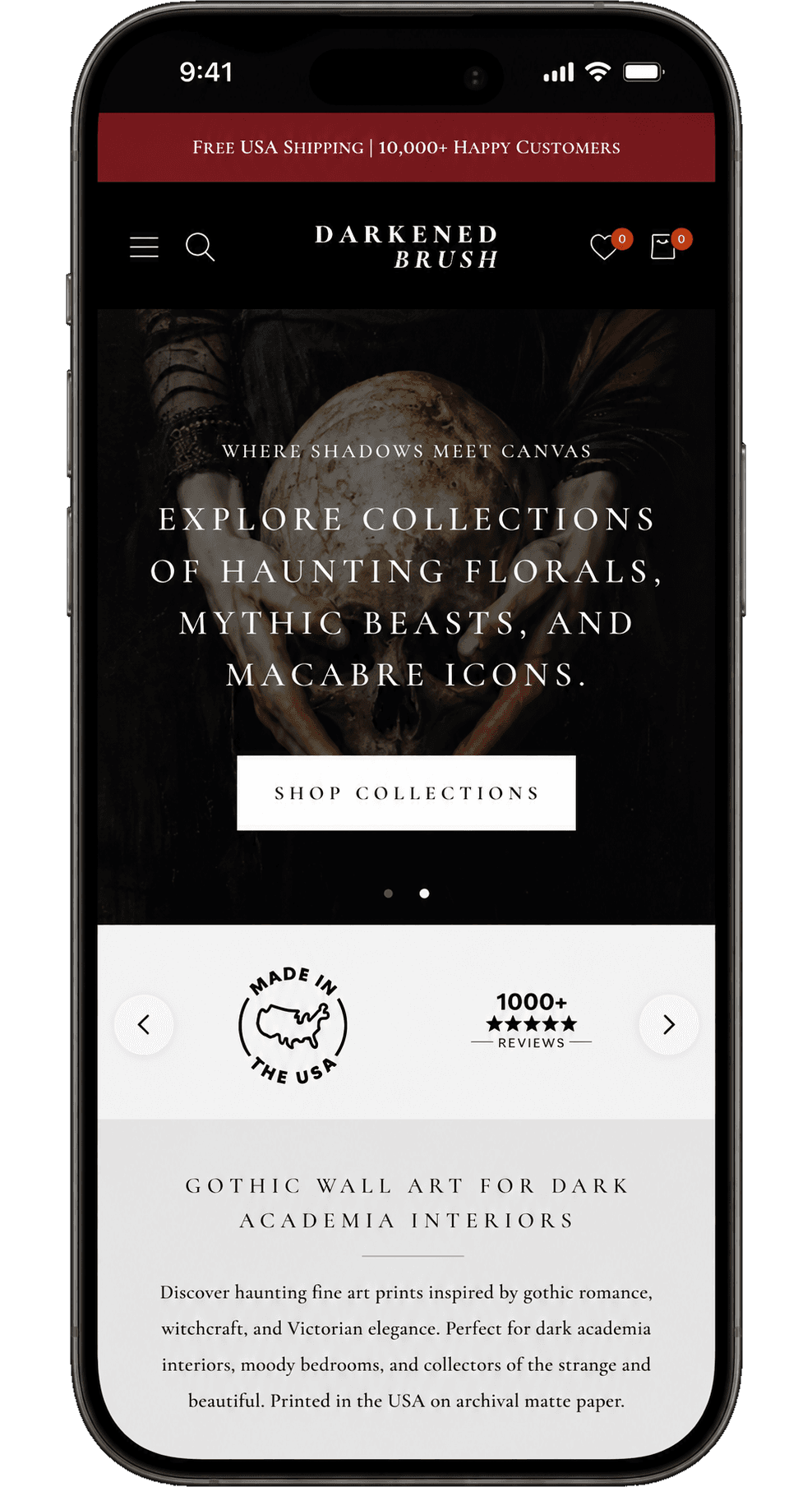 The DarkenedBrush storefront on a phone, showing the dark hero, the trust row and the category copy