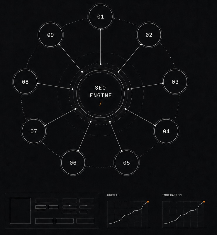 Network diagram: one central SEO engine connected to nine numbered publication nodes, with a content management wireframe and growth and indexation curves