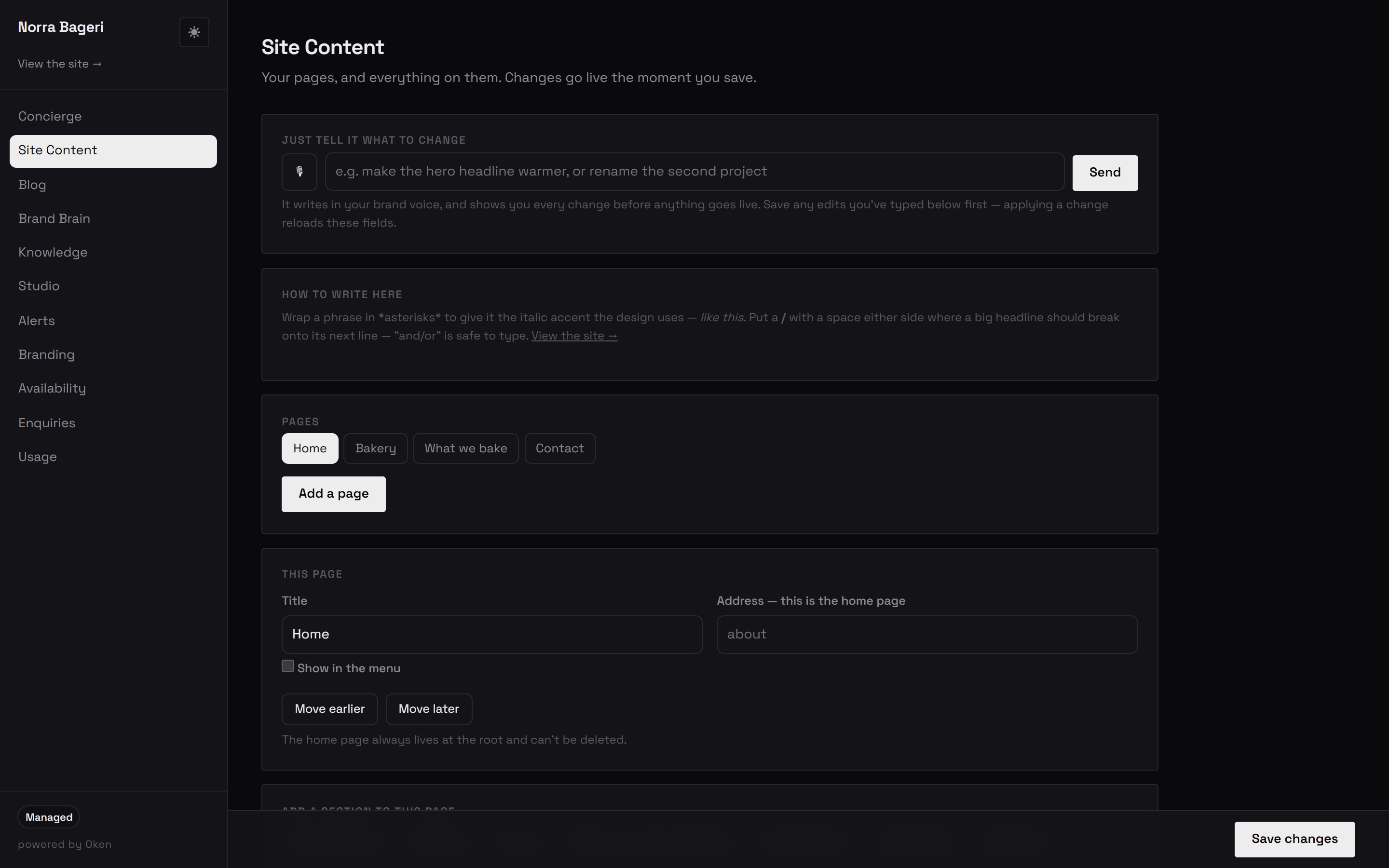 The OkenDesk site editor in dark mode, showing the conversational edit bar, a page picker, and the fields for the selected page