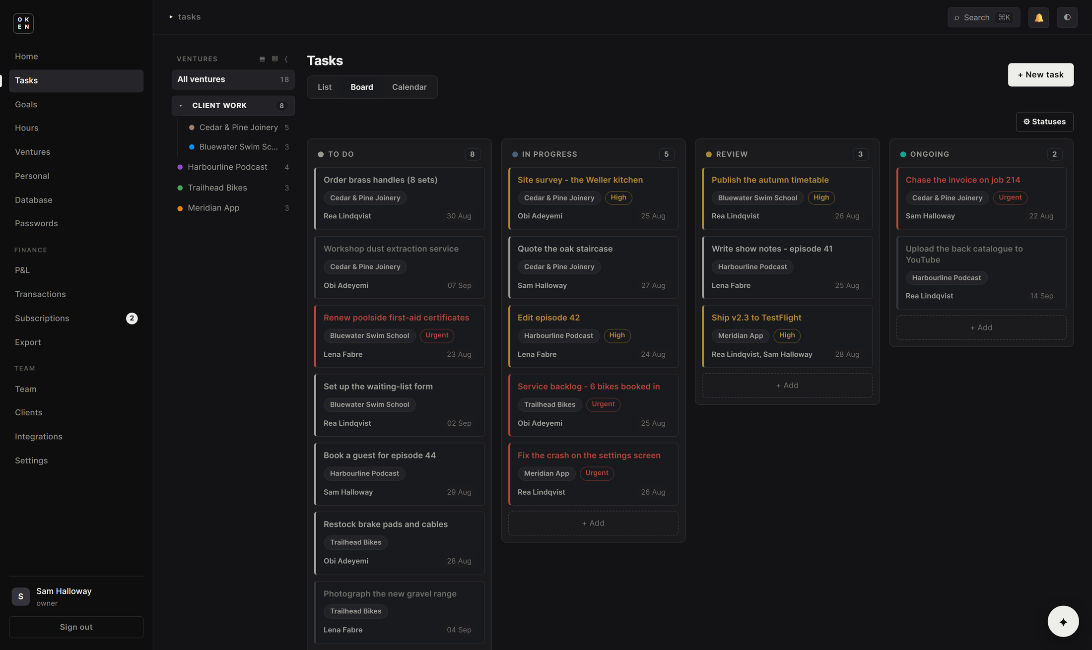 The OkenHub Kanban board, with user-defined columns, venture tags, priority flags and multiple assignees
