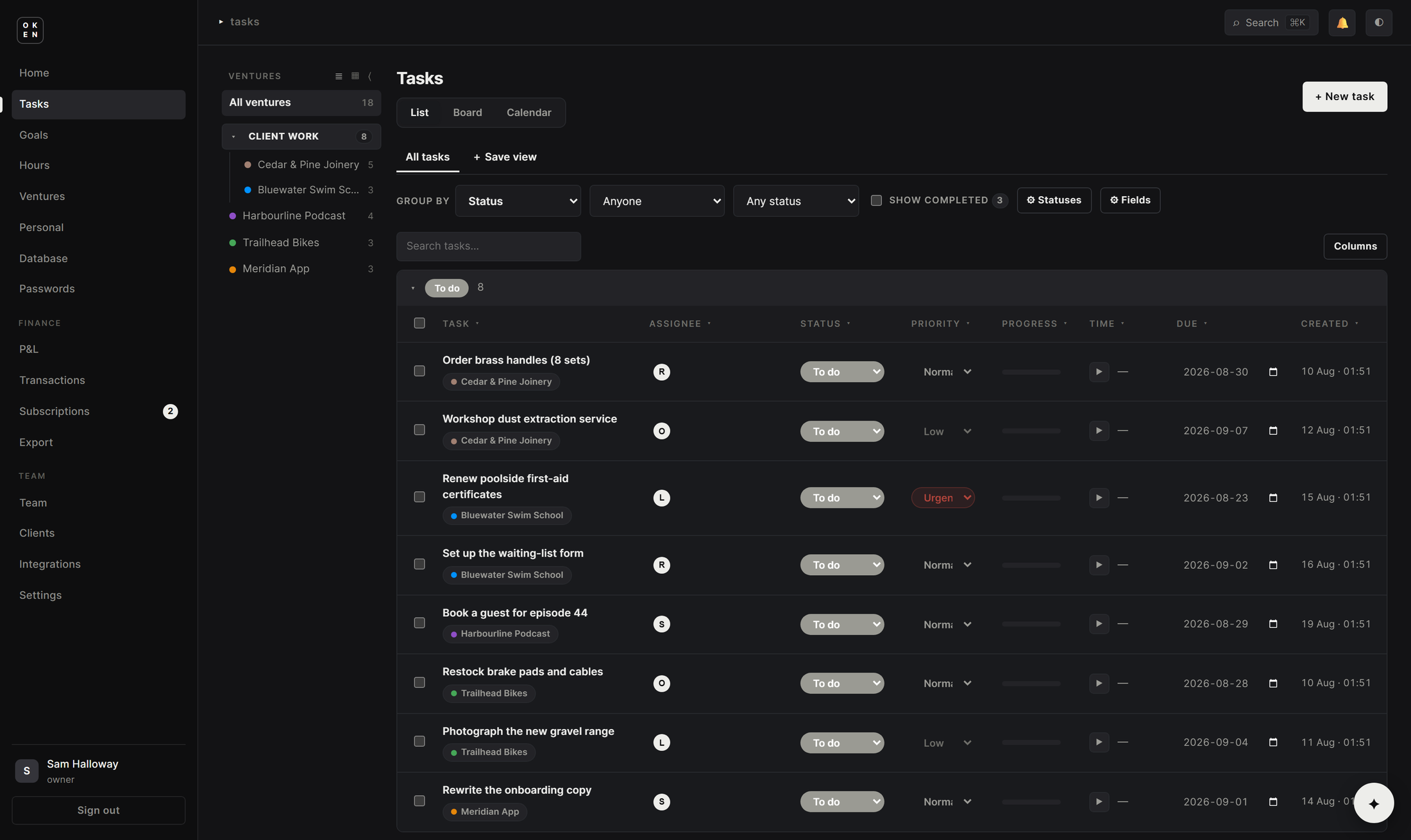 The OkenHub task list, grouped by status, with saved views, inline editing and a timer on every row
