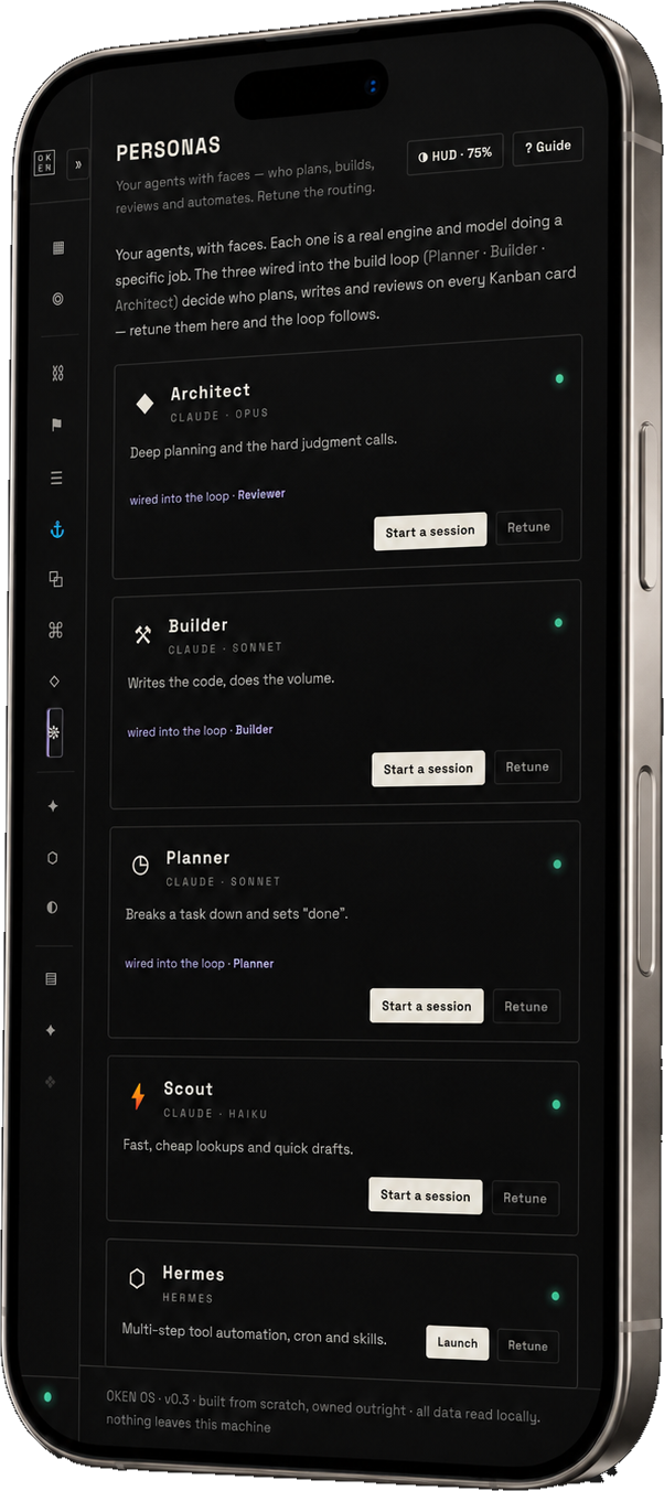 The Personas roster in OkenOS on a phone