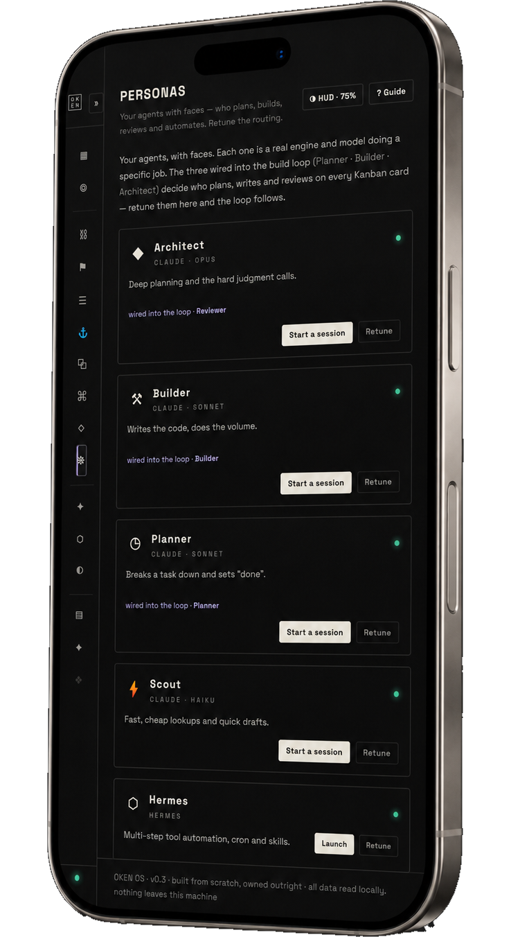 The Personas roster in OkenOS on a phone